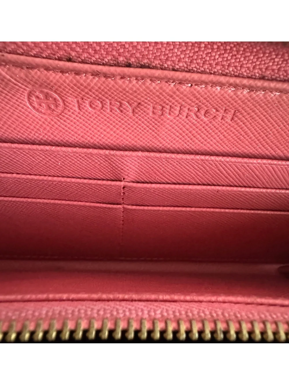 Tory Burch T80 Pink Saffiano Leather Zip Around Continental Wallet Gold Logo